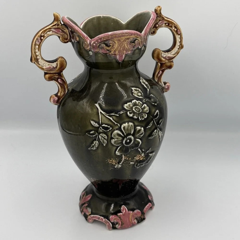 19th Century Eastern European Majolica Vase Raised Flowers 10